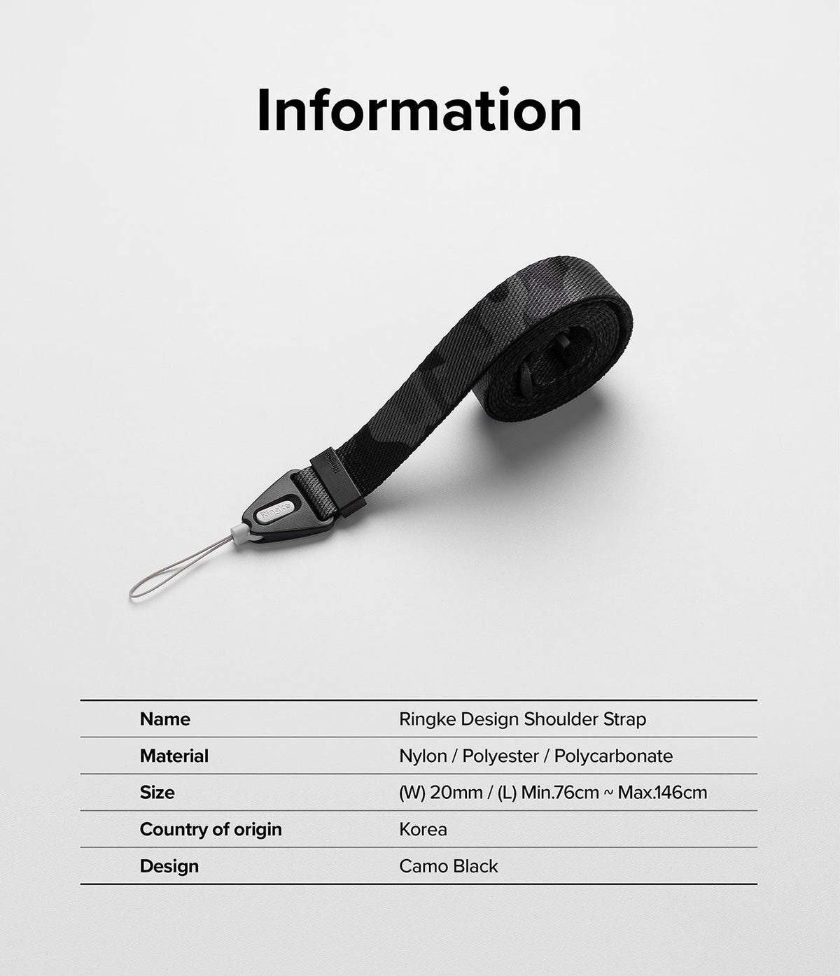 Design Shoulder Strap - A black camo patterned nylon strap with a Ringke connector and a table listing product specifications.