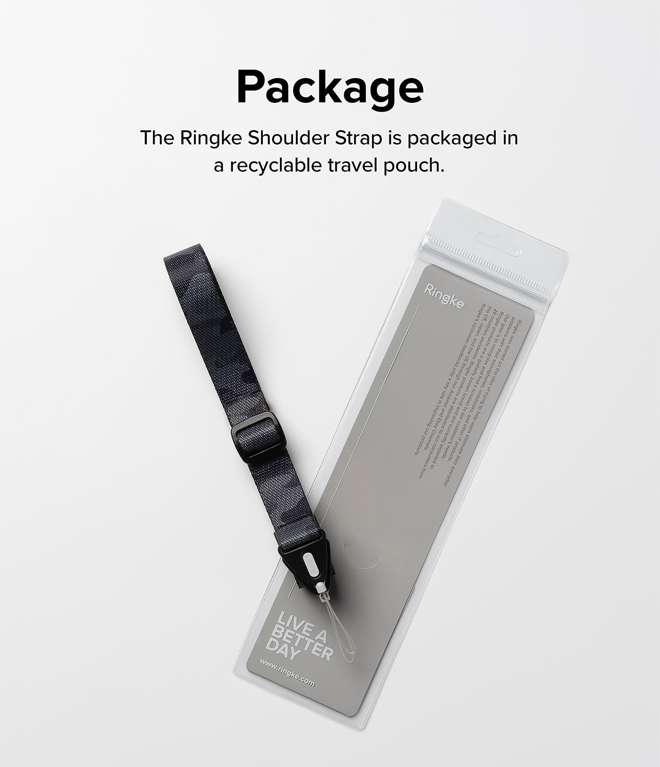 Design Shoulder Strap - A black patterned shoulder strap with an adjustable buckle next to its clear, recyclable travel pouch.