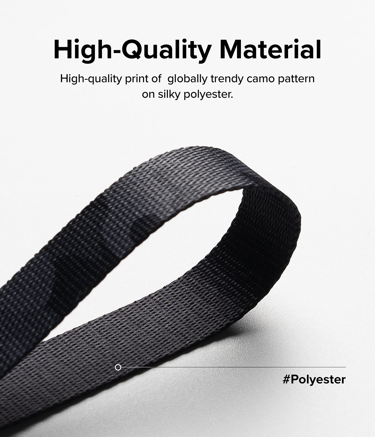 Design Shoulder Strap - Close-up of a black woven polyester strap against a white background with text highlighting the material.