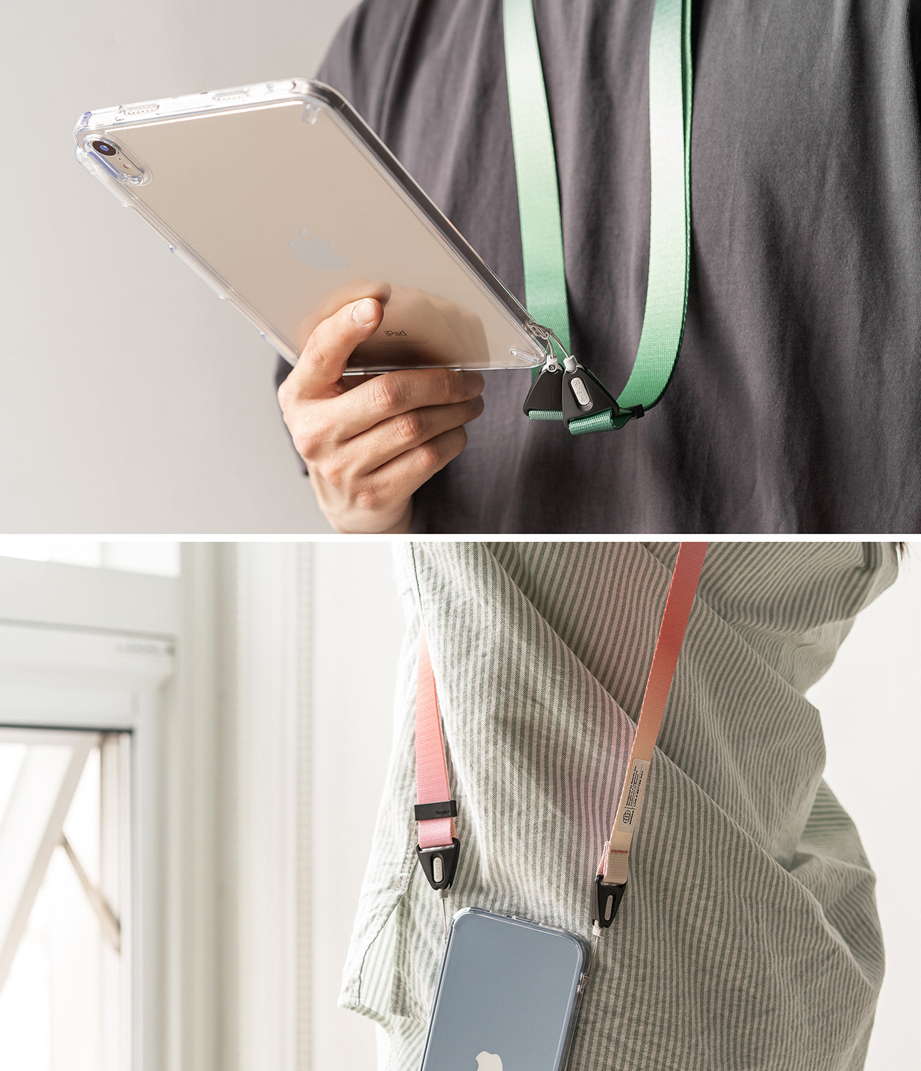 Design Shoulder Strap - People wearing colorful, adjustable fabric shoulder straps attached to a tablet and a smartphone.