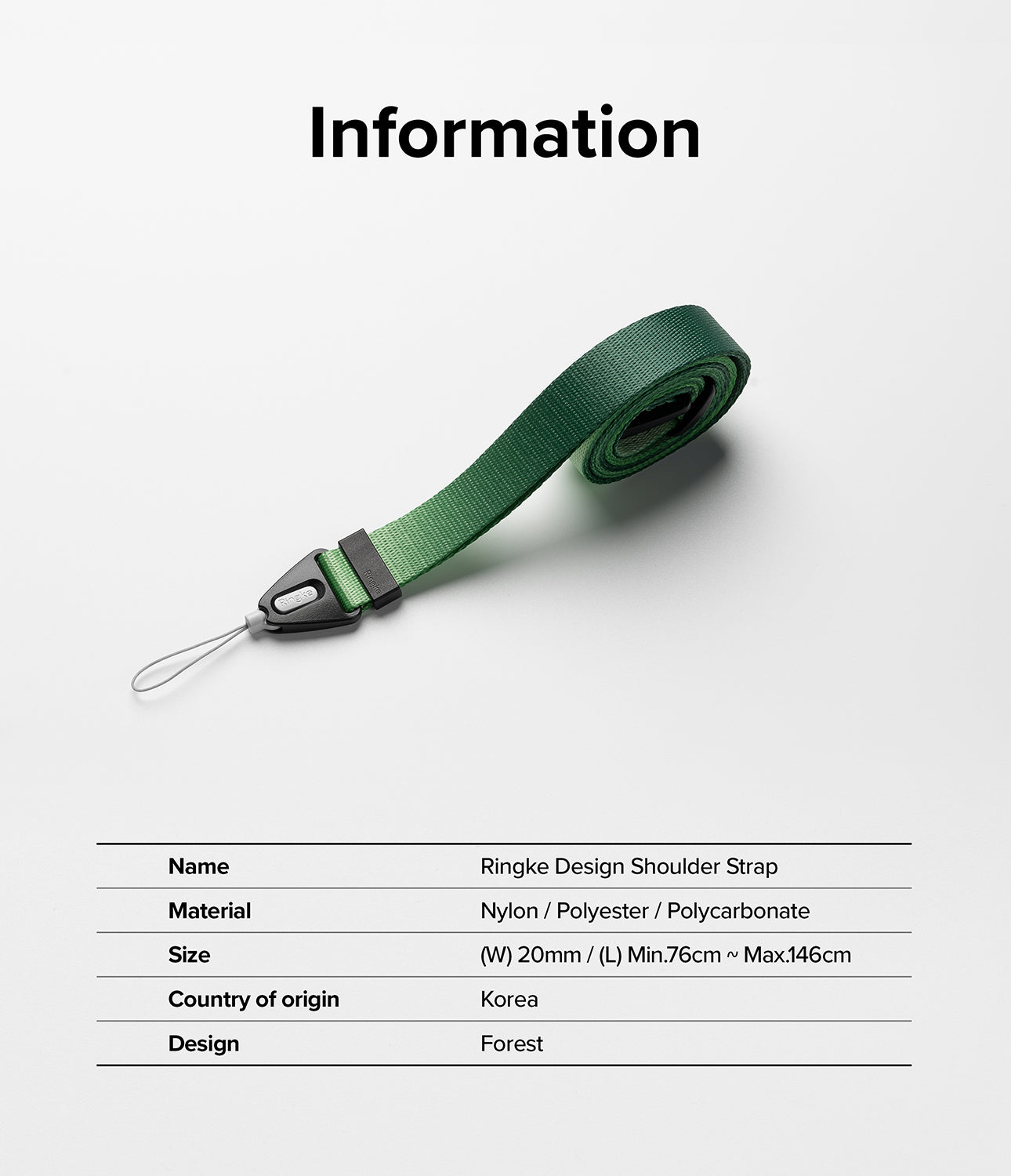Design Shoulder Strap - A green nylon shoulder strap with a black connector and a table listing product specifications.