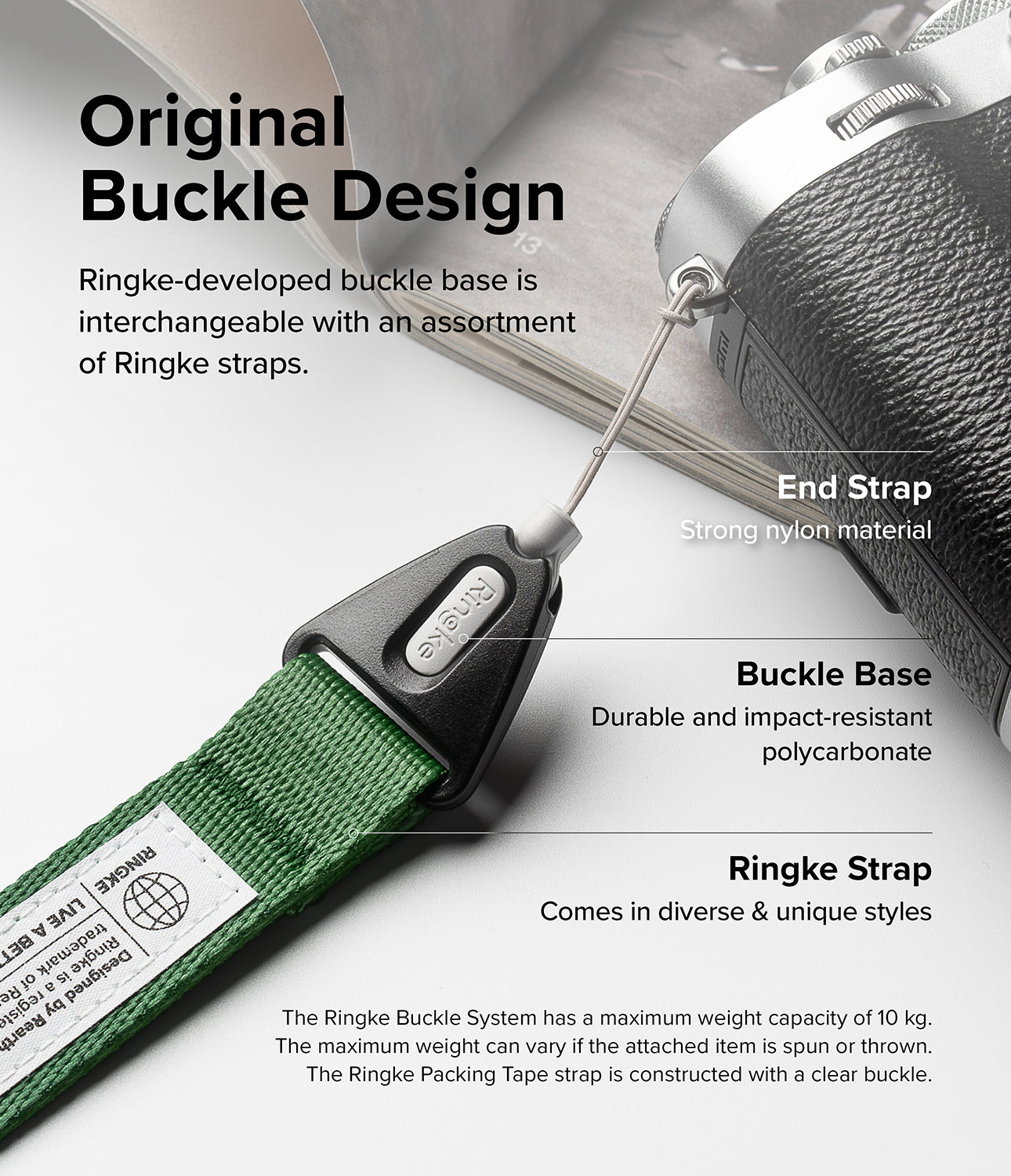 Design Shoulder Strap - Close-up of a green Ringke camera strap with a durable buckle base and strong nylon end strap.