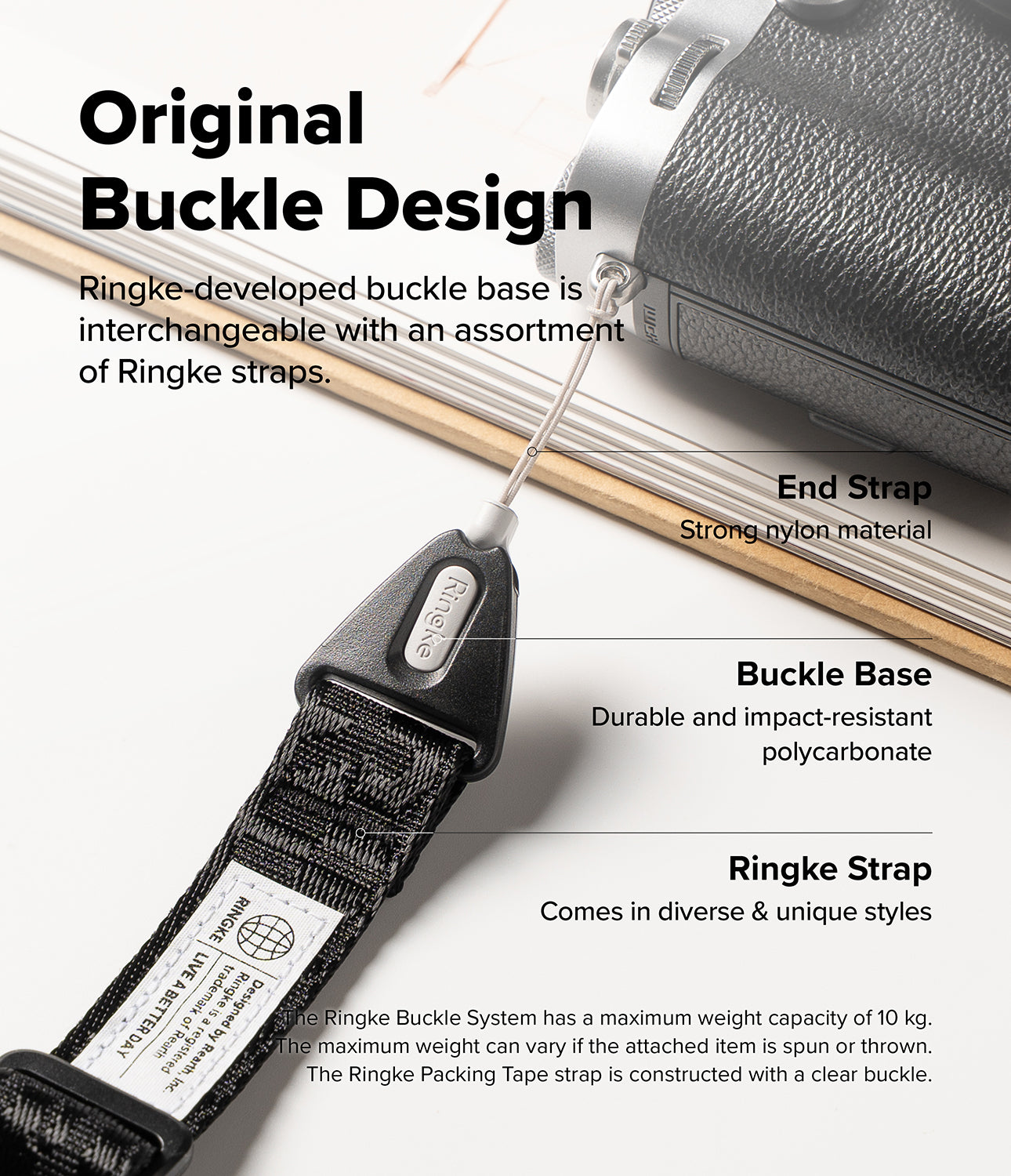 Design Shoulder Strap - Diagram showing a camera strap with a nylon end, polycarbonate buckle base, and branded strap.