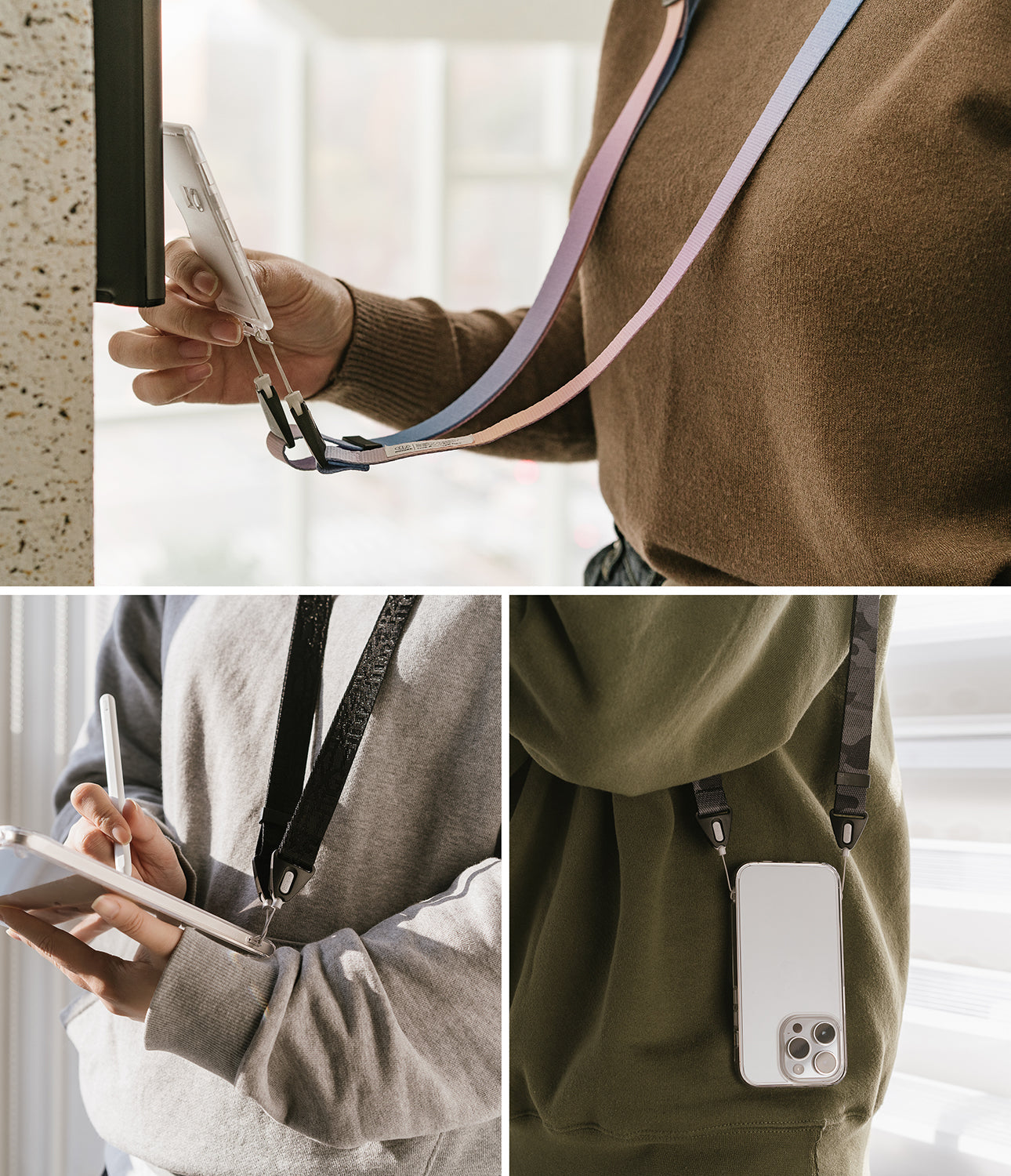 Design Shoulder Strap - Three views of people wearing colorful and patterned phone straps attached to smartphones.