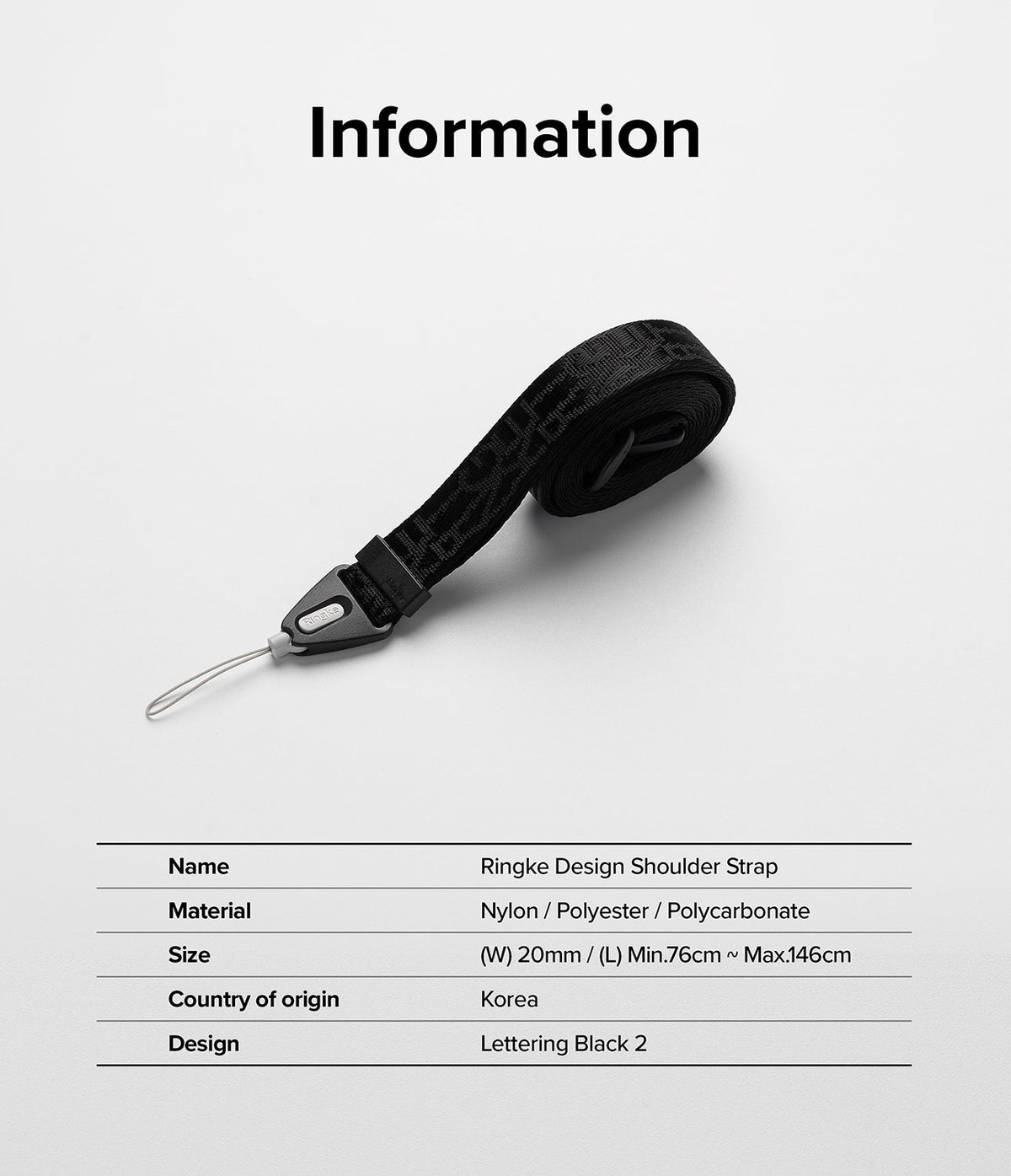 Design Shoulder Strap - Black coiled strap with Ringke branding and product specifications table below.