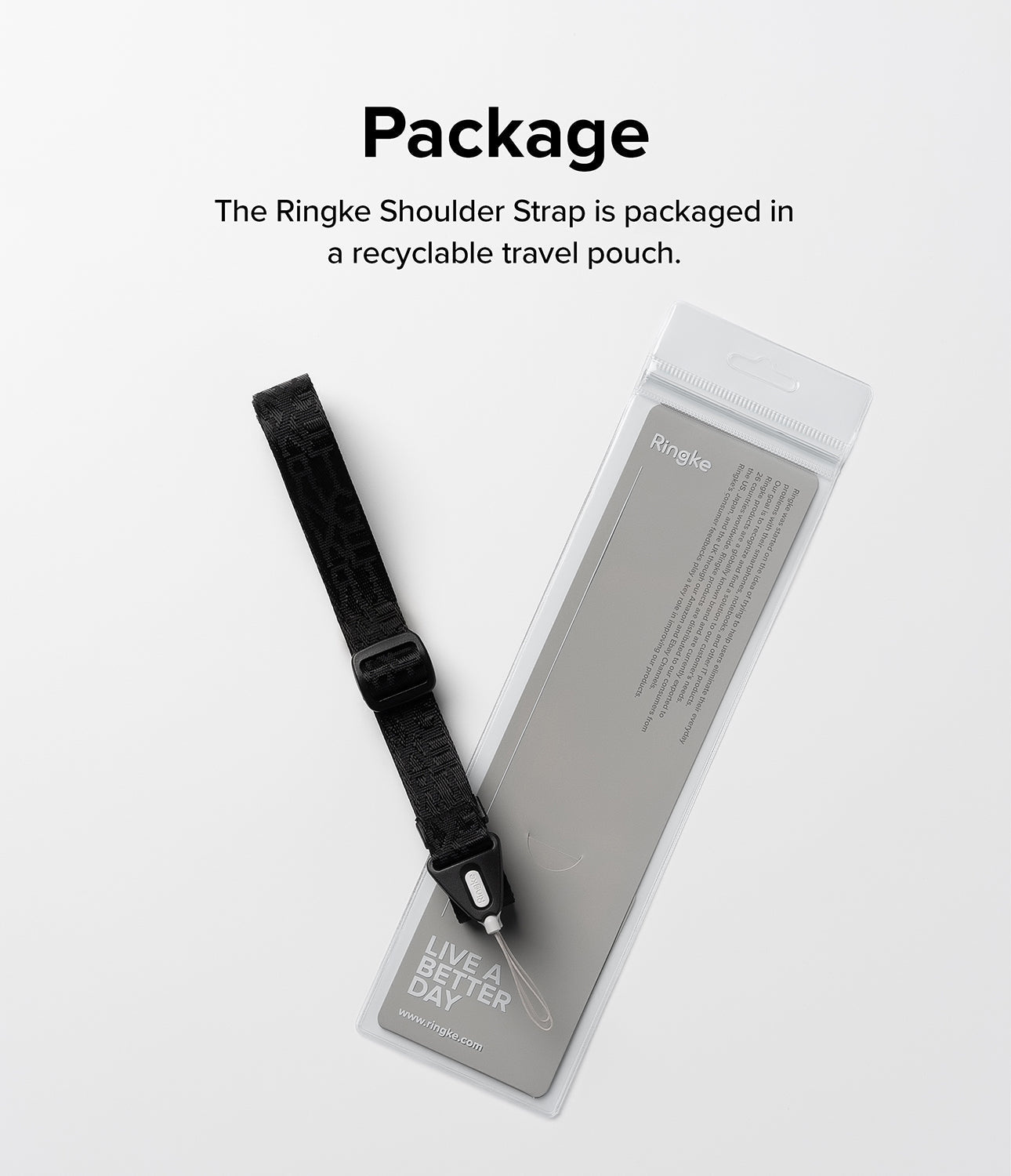 Design Shoulder Strap - A black adjustable shoulder strap next to its clear, recyclable retail packaging on a white background.