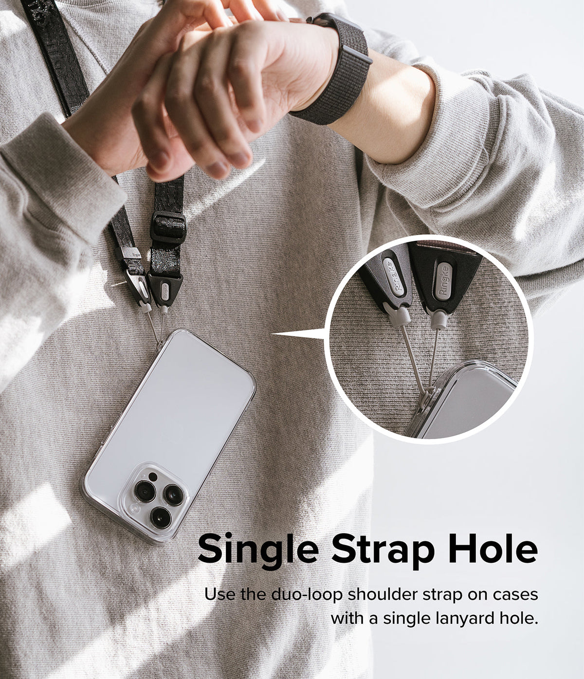 Design Shoulder Strap - A person wearing a phone on a shoulder strap, with a zoomed-in view showing the duo-loop attachment.