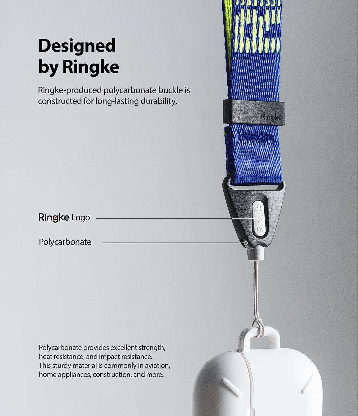 Shoulder Strap | Lettering - Blue strap with Ringke logo buckle and white case attachment, highlighting durable polycarbonate material.