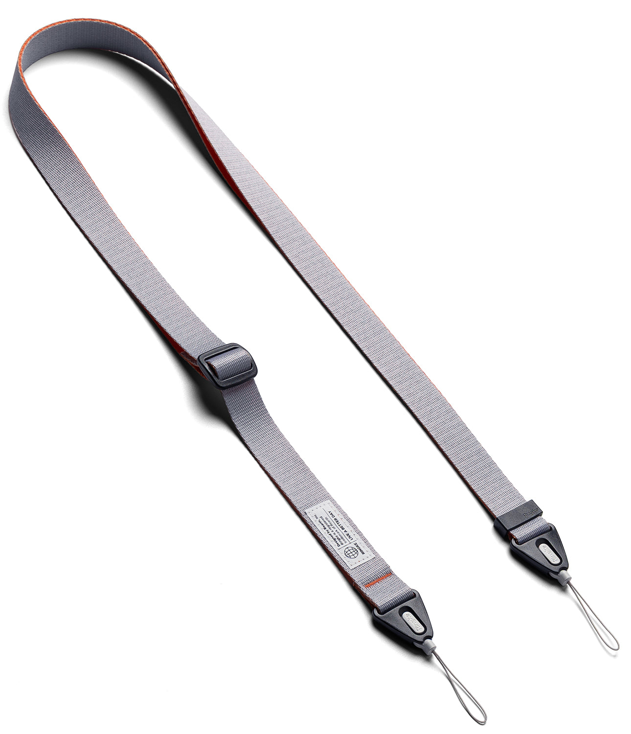 Design Shoulder Strap - Gray adjustable strap with orange trim, black plastic hardware, and two loop connectors.