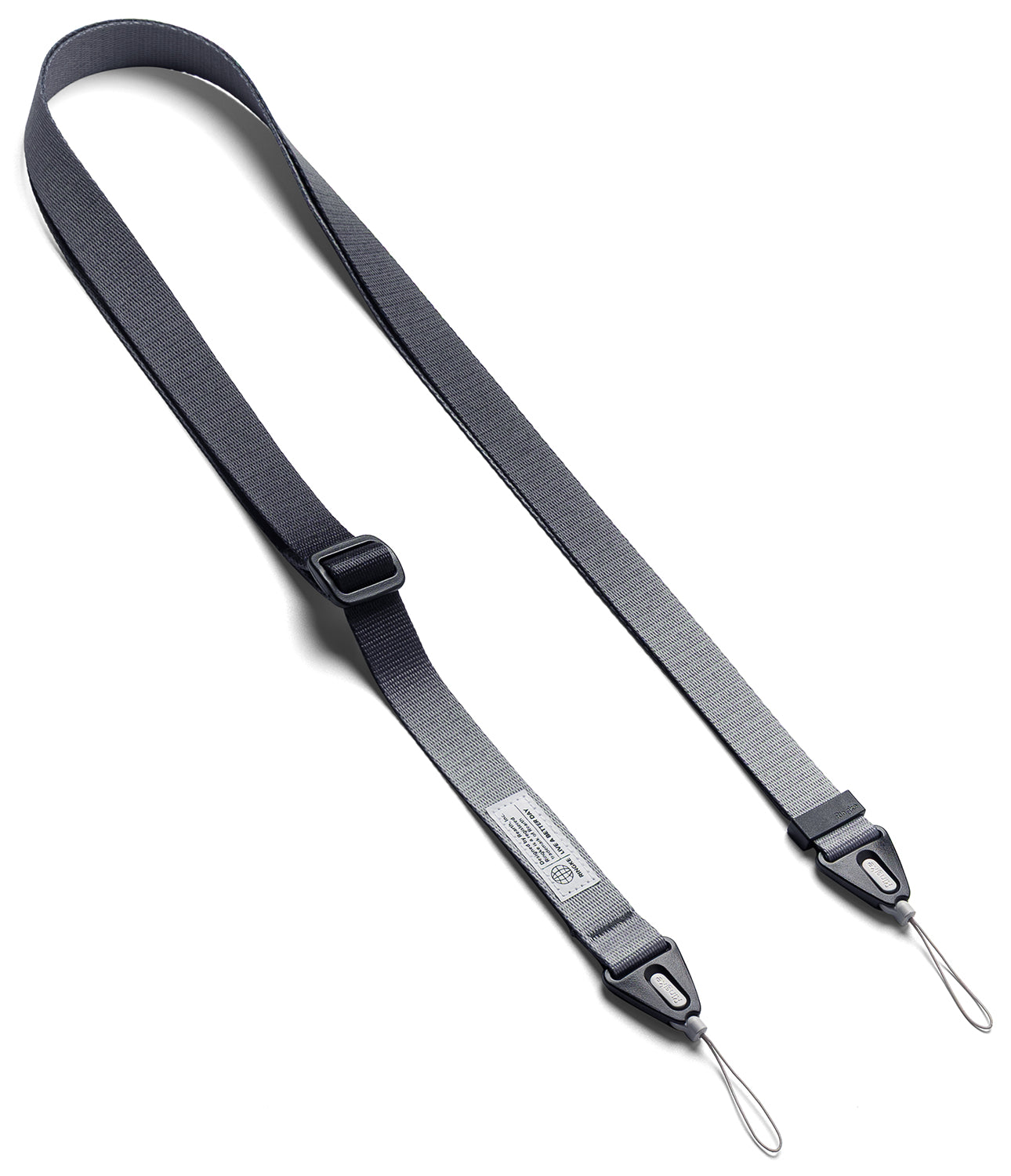 Design Shoulder Strap - Adjustable grey woven fabric strap with black plastic buckles and two thin cord loops for attachment.