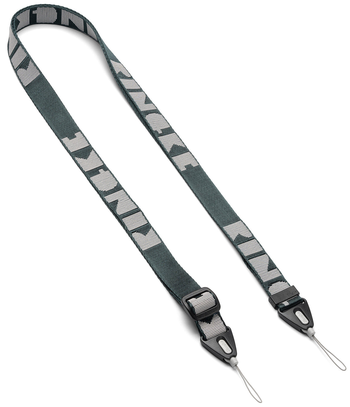 Shoulder Strap | Lettering - Dark gray fabric strap with repeating white Ringke logo and adjustable black plastic clips.