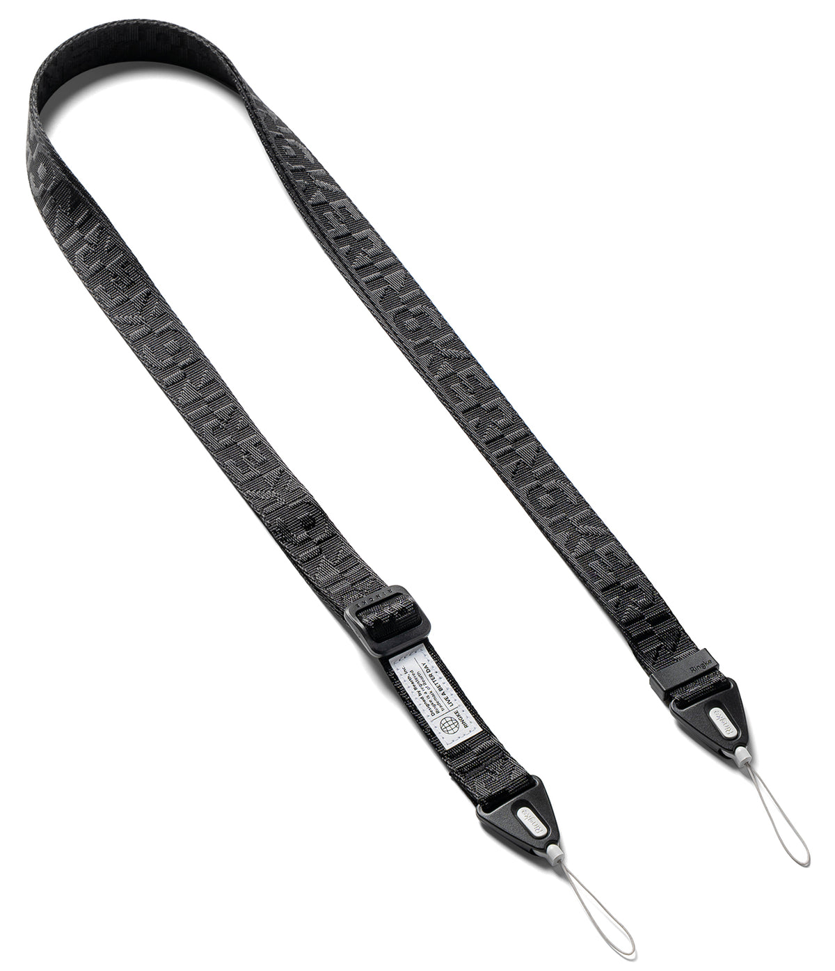 Design Shoulder Strap - Black adjustable strap with repeating Ringke logo text and two white cord loops for attachment.