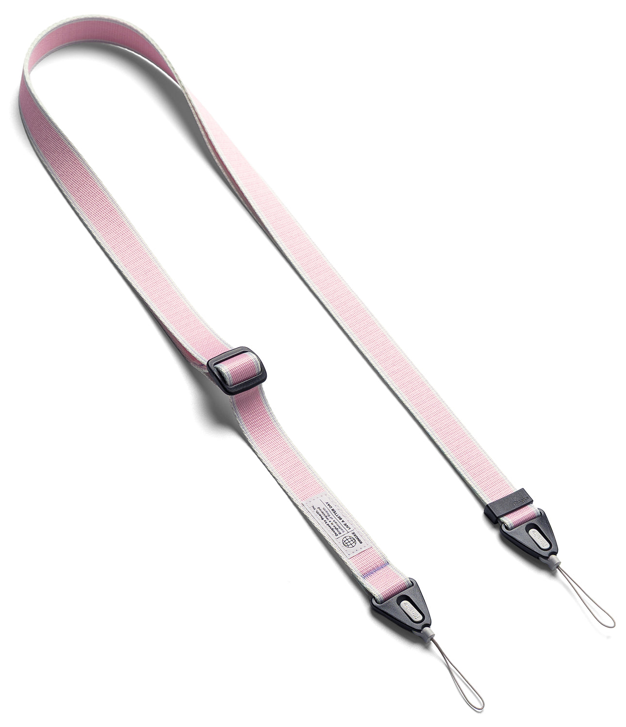 Design Shoulder Strap - Adjustable pink and white woven fabric strap with black plastic connectors and loop attachments.