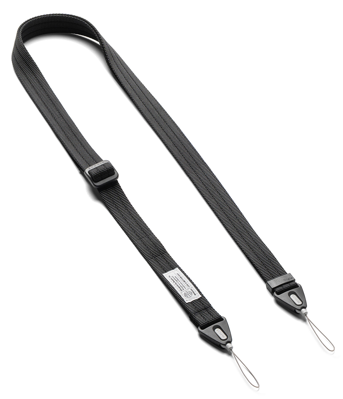 Design Shoulder Strap - A black adjustable camera strap with a textured woven nylon body, featuring a quick-release plastic buckle, a silver metal loop at each end, and a small white brand label.