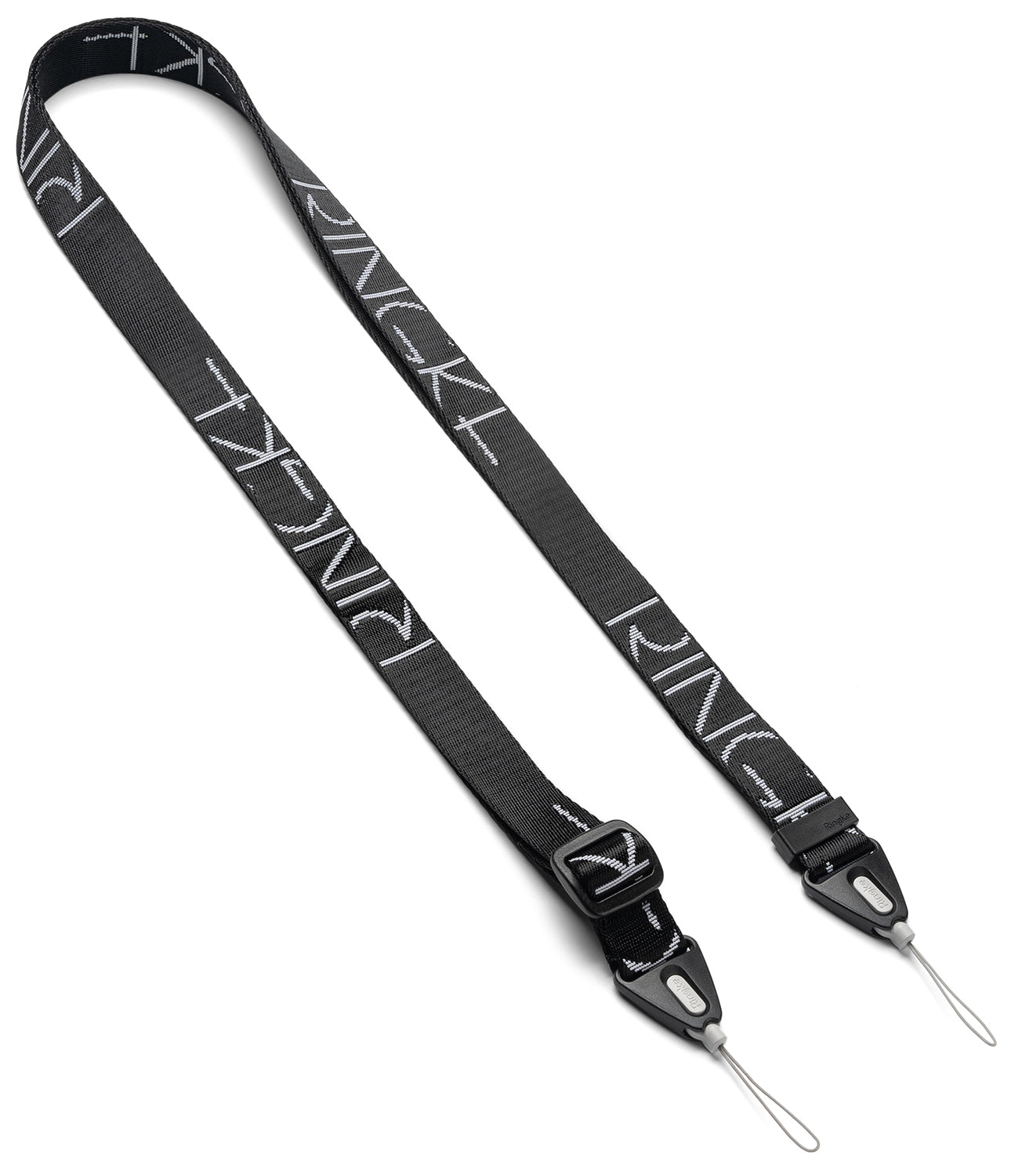 Design Shoulder Strap - Black nylon strap with white Ringke logo text, adjustable buckle, and dual cord loop attachments.