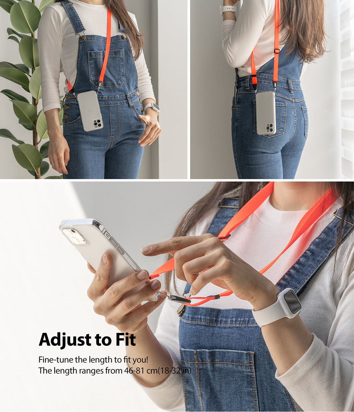 Shoulder Strap | Black / Neon Orange - Person wearing a neon orange adjustable phone shoulder strap over denim overalls.