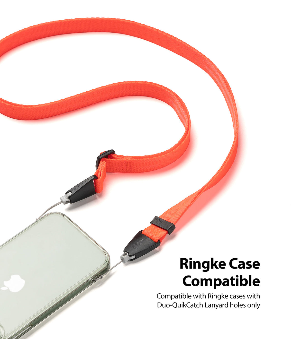 Shoulder Strap | Black / Neon Orange - Neon orange adjustable lanyard attached to a clear phone case via black clips.