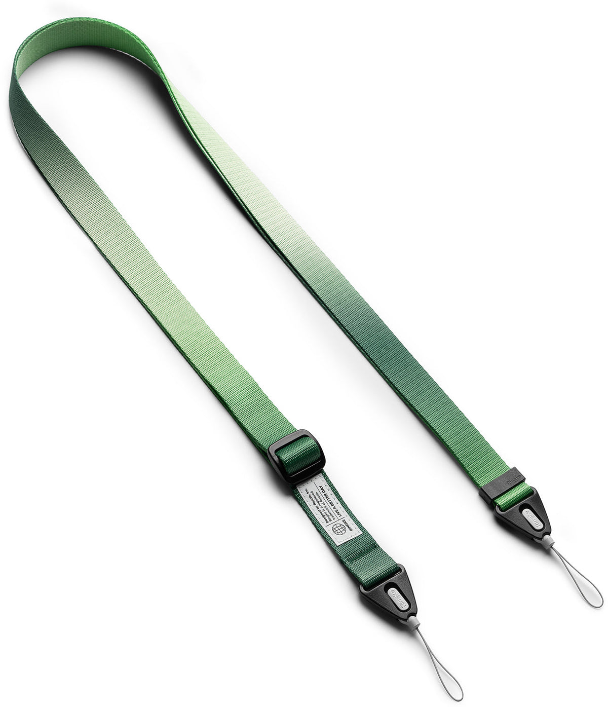 Design Shoulder Strap - Adjustable green woven fabric strap with black plastic connectors and thin cord loops.