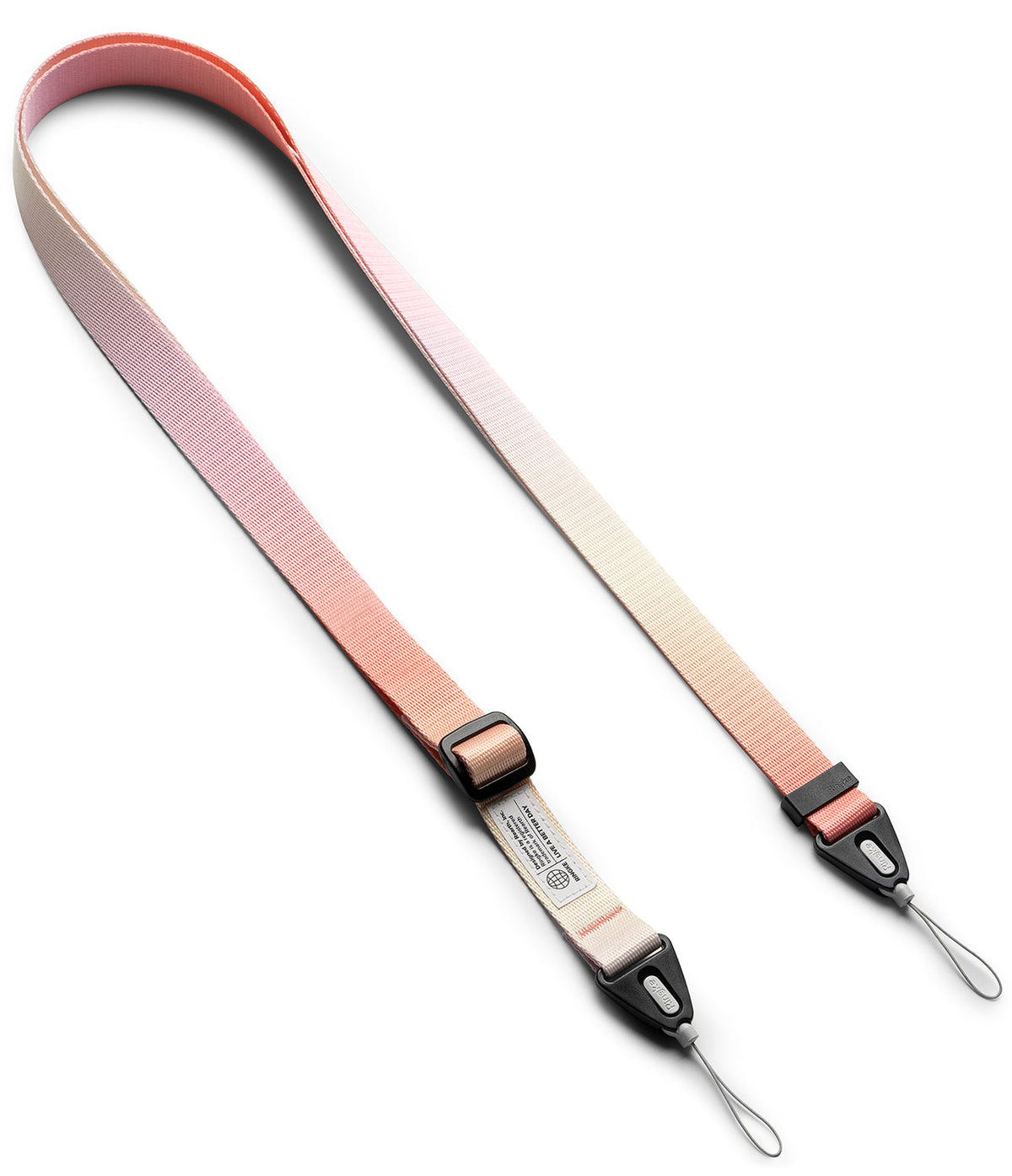 Design Shoulder Strap - Adjustable pink and cream ombre nylon strap with black hardware and two loop connectors.