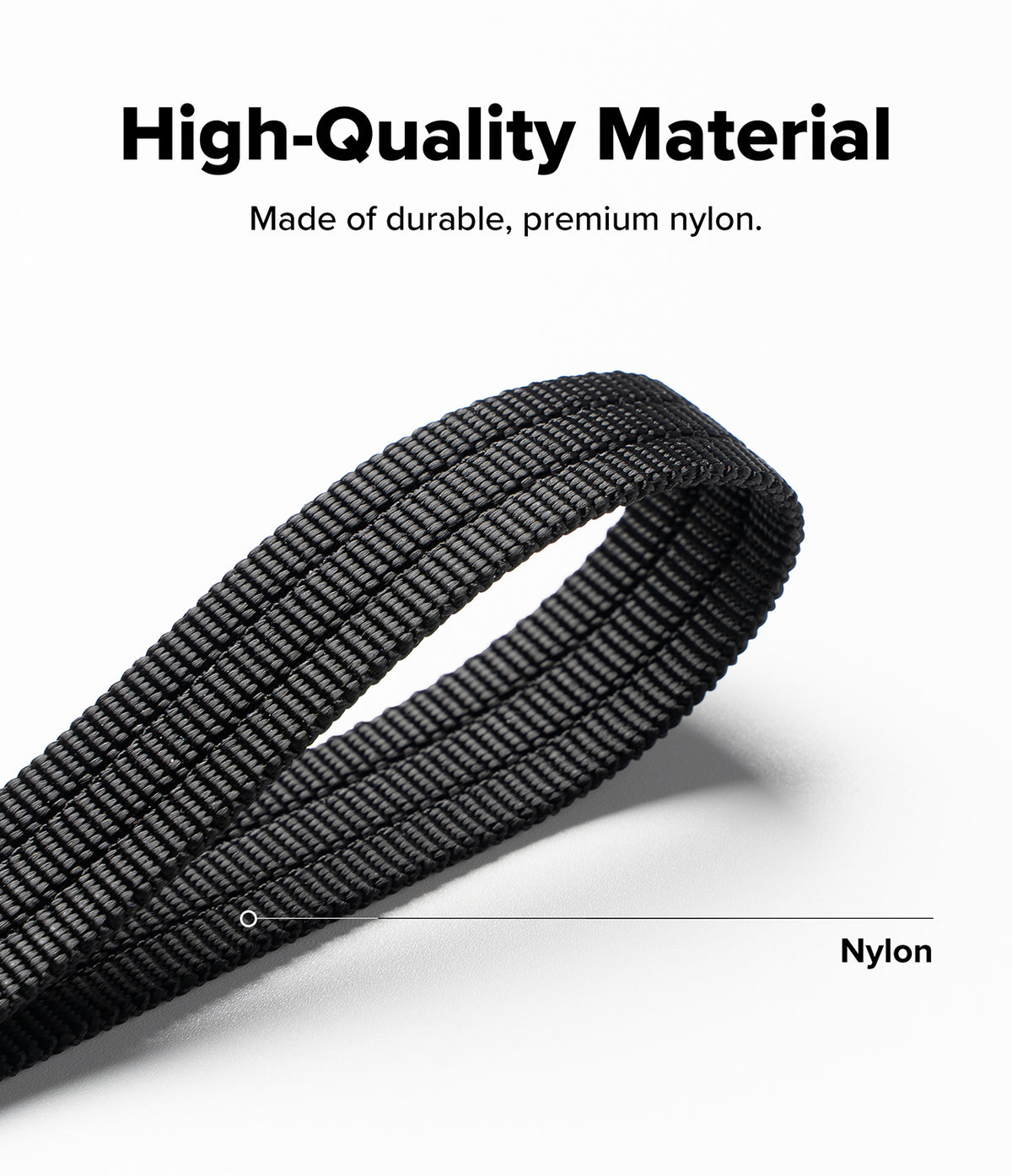Design Shoulder Strap - A black textured nylon loop strap on a white background with text reading 'High-Quality Material' and 'Made of durable, premium nylon.'.
