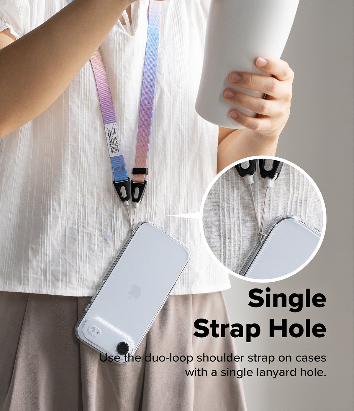 Shoulder Slim Strap - A person wearing a colorful gradient lanyard attached to a phone case with a single lanyard hole.