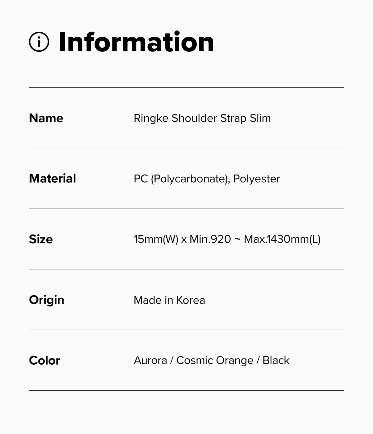 Shoulder Slim Strap - Information table listing product name, material, size, origin, and color options for the strap.