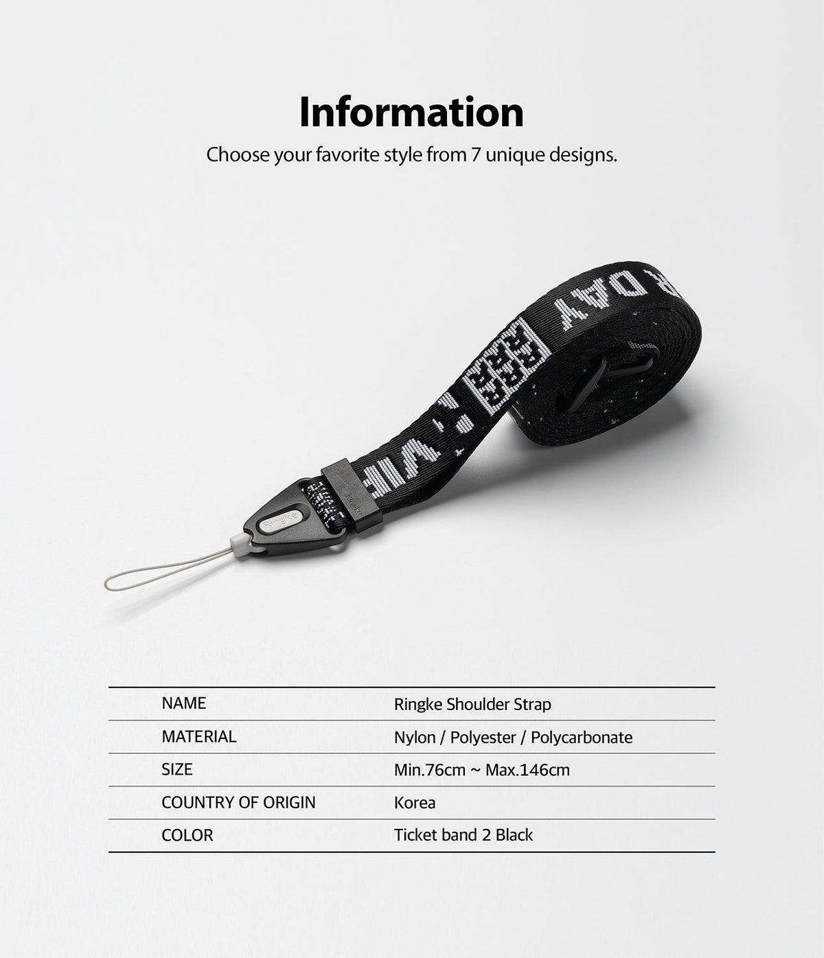 Shoulder Strap | Lettering - Black coiled strap with white text, a plastic connector, and a loop, with product specifications below.