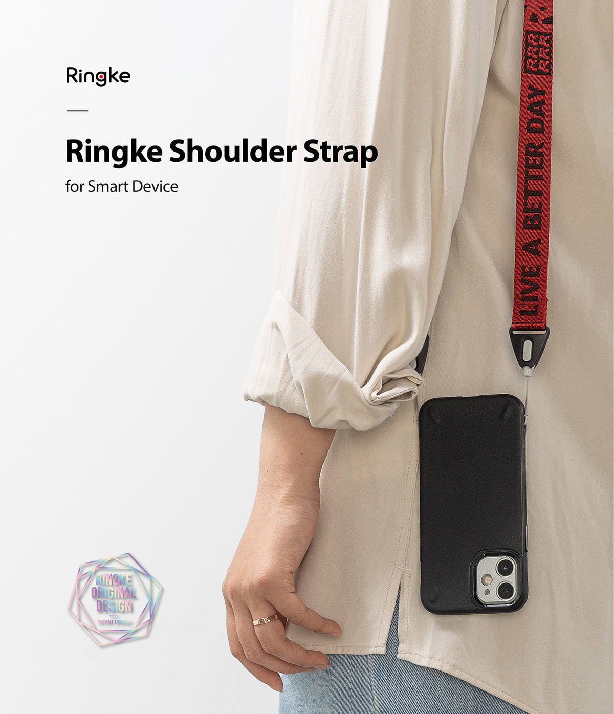 Shoulder Strap | Lettering - Person wearing a red phone strap with the text LIVE A BETTER DAY attached to a black phone case.