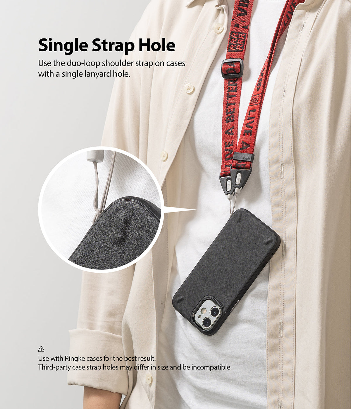 Shoulder Strap | Lettering - Person wearing a red branded shoulder strap attached to a black phone case via a single loop.