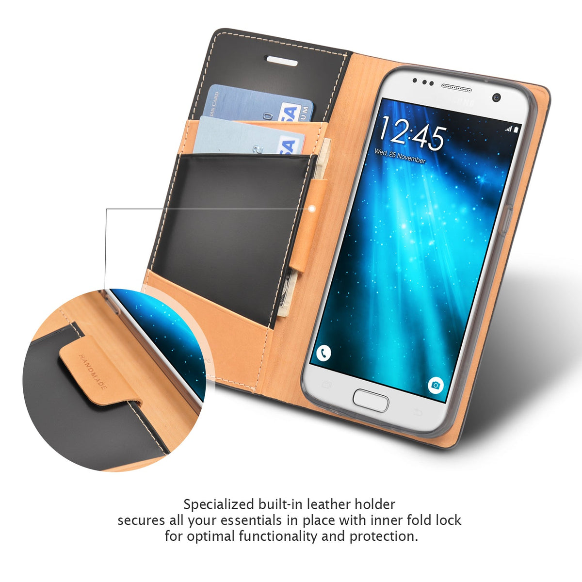 Galaxy S7 Case | Signature - Open tan leather wallet case holding a Galaxy S7 with card slots and a handmade fold lock.