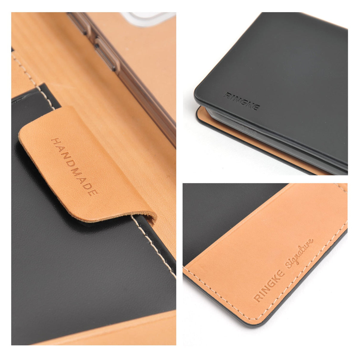 Galaxy S7 Case | Signature - Close-up of tan leather and black wallet case with embossed Ringke branding and stitching.