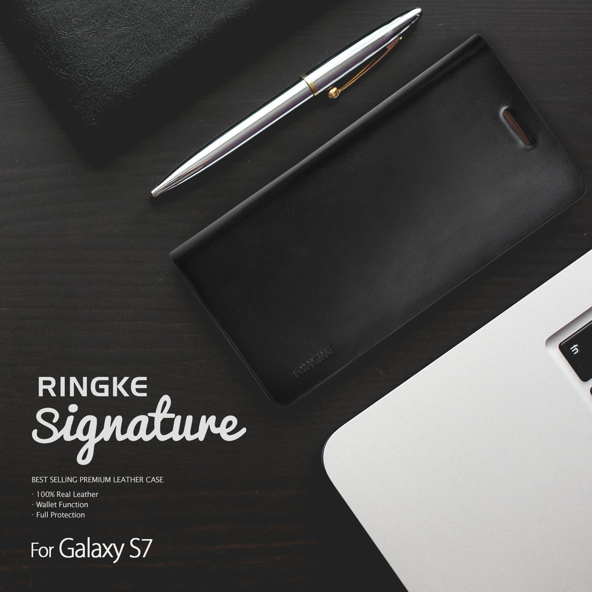 Galaxy S7 Case | Signature - Black leather wallet case for Galaxy S7 on a dark desk with a silver pen and laptop.