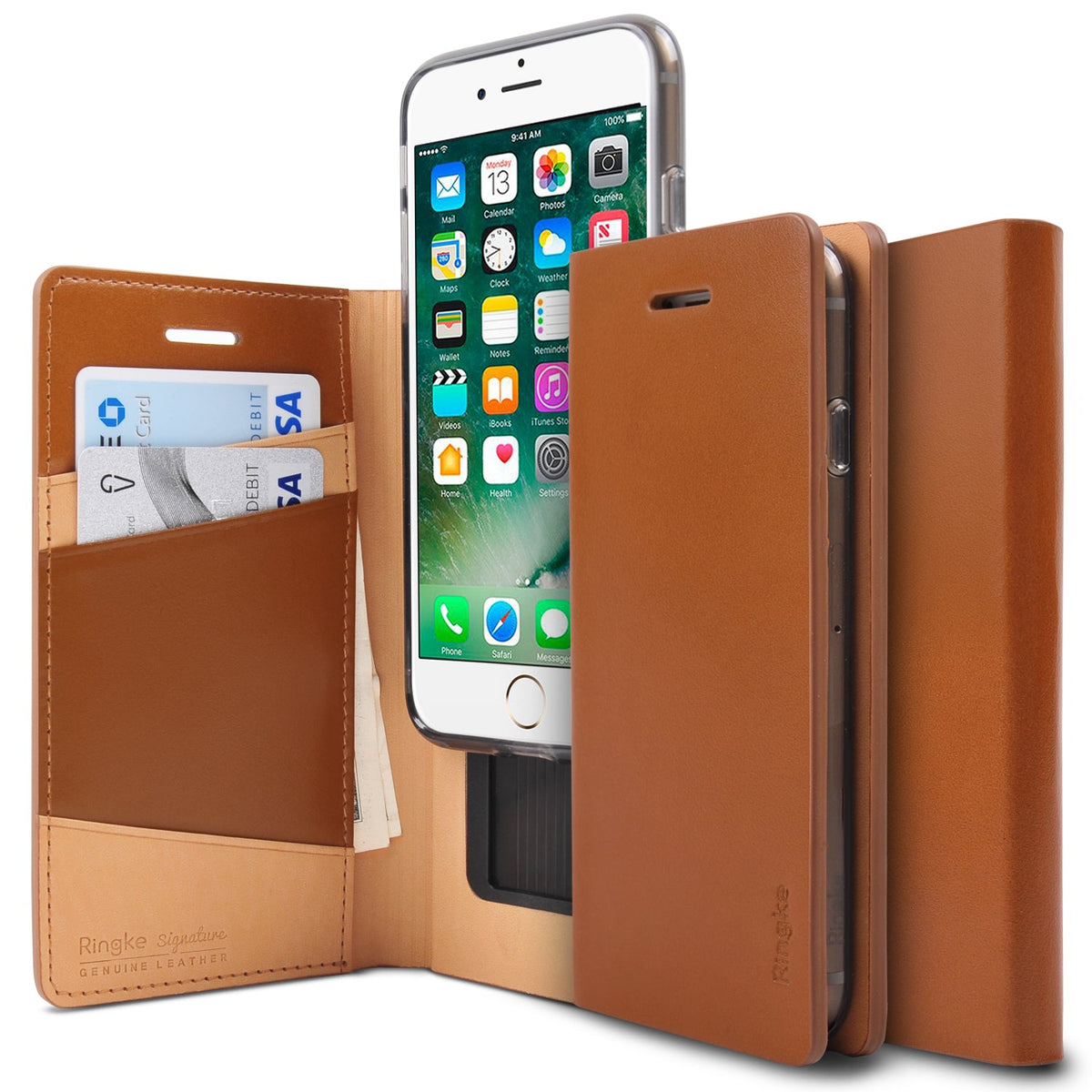 iPhone 8 / 7 Case | Signature - Brown leather wallet case for iPhone with card slots and an open view of the phone screen.