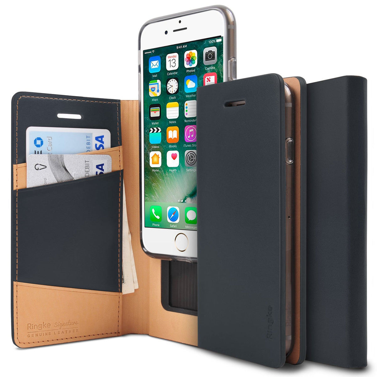 iPhone 8 / 7 Case | Signature - Navy blue leather wallet case for iPhone with card slots and an open display screen.