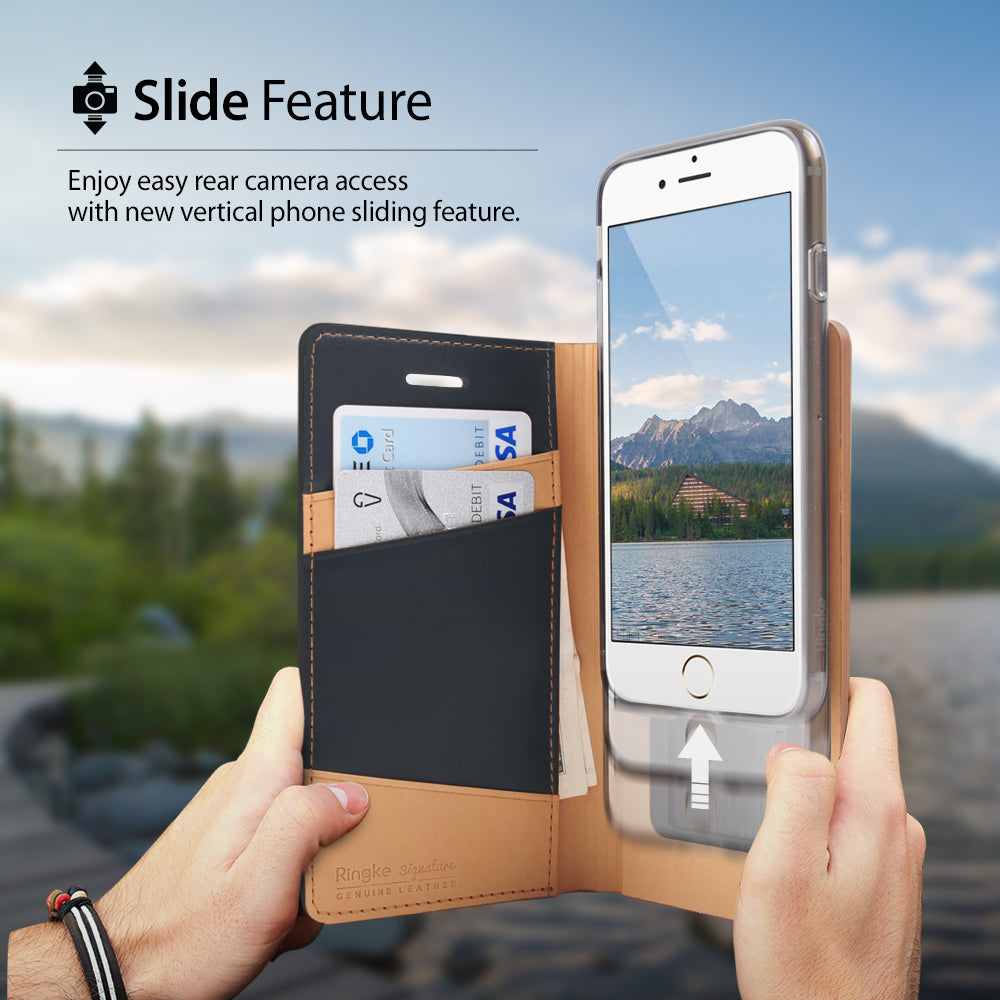 iPhone 8 / 7 Case | Signature - Hands holding a leather wallet case with a sliding phone mount to expose the camera.