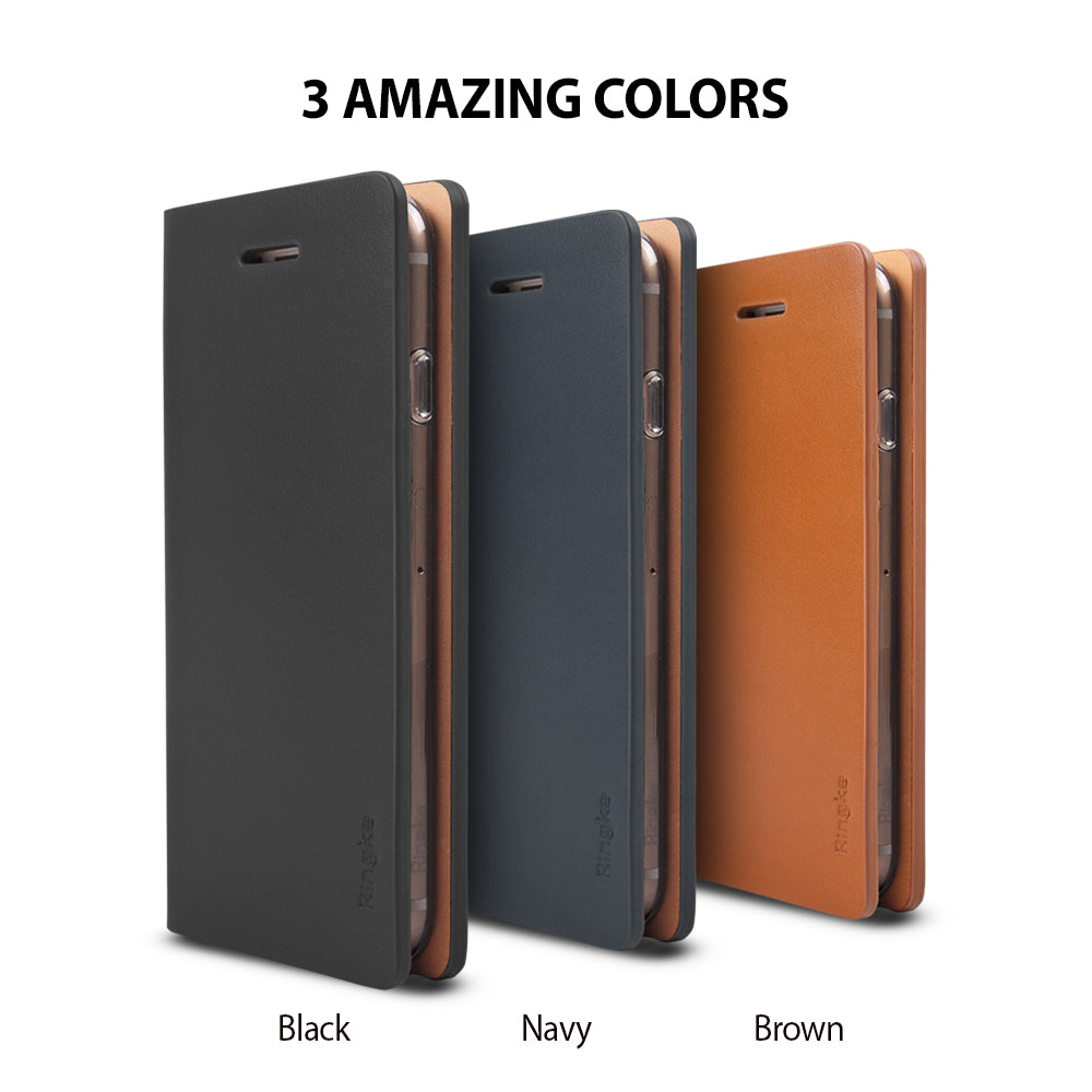 iPhone 8 / 7 Case | Signature - Three folio-style phone cases in black, navy, and brown standing side-by-side.