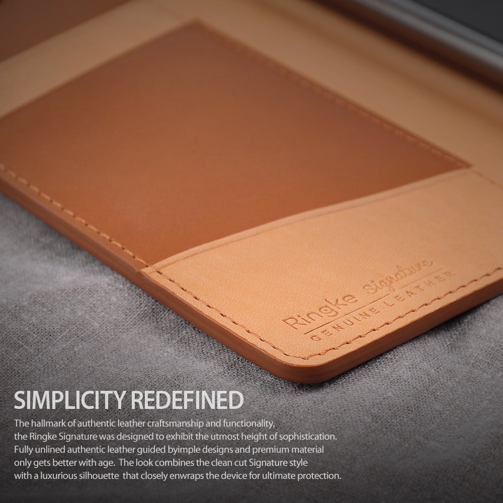 iPhone 8 / 7 Case | Signature - Close-up of tan genuine leather phone case with embossed Ringke Signature logo and stitched edges.