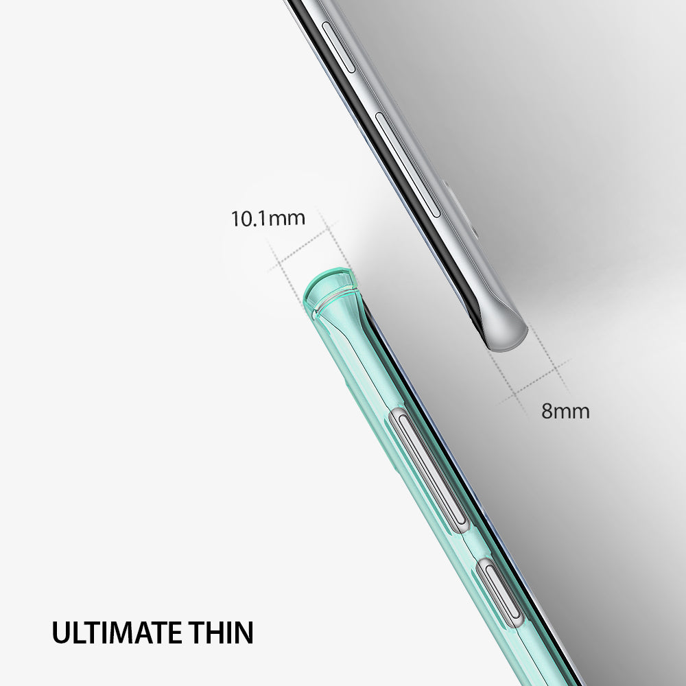 Galaxy S8 Plus Case | Slim - Mint green phone case compared to a bare phone with 10.1mm and 8mm thickness measurements.