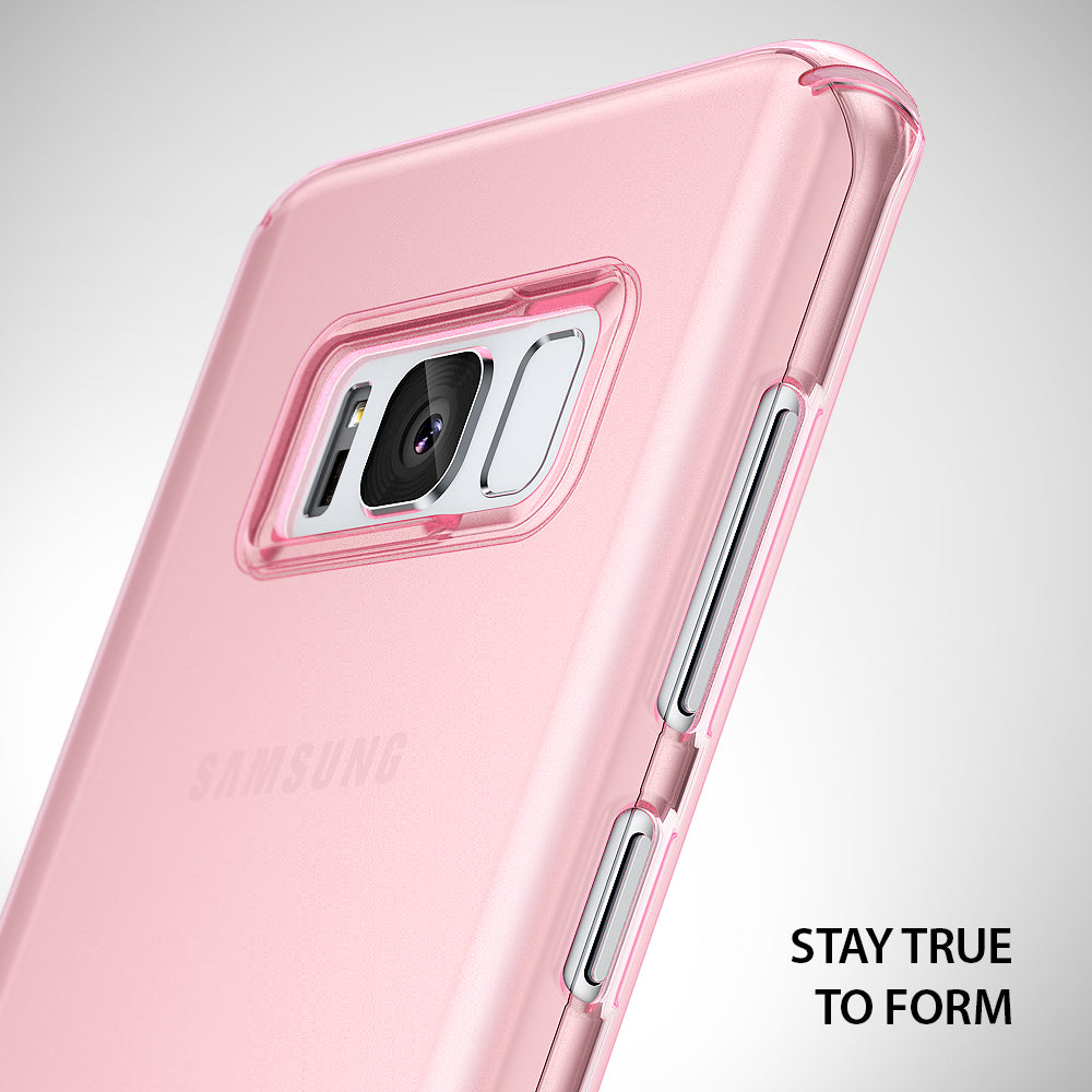 Galaxy S8 Plus Case | Slim - A translucent pink slim-fit phone case showing the camera cutout and side buttons.