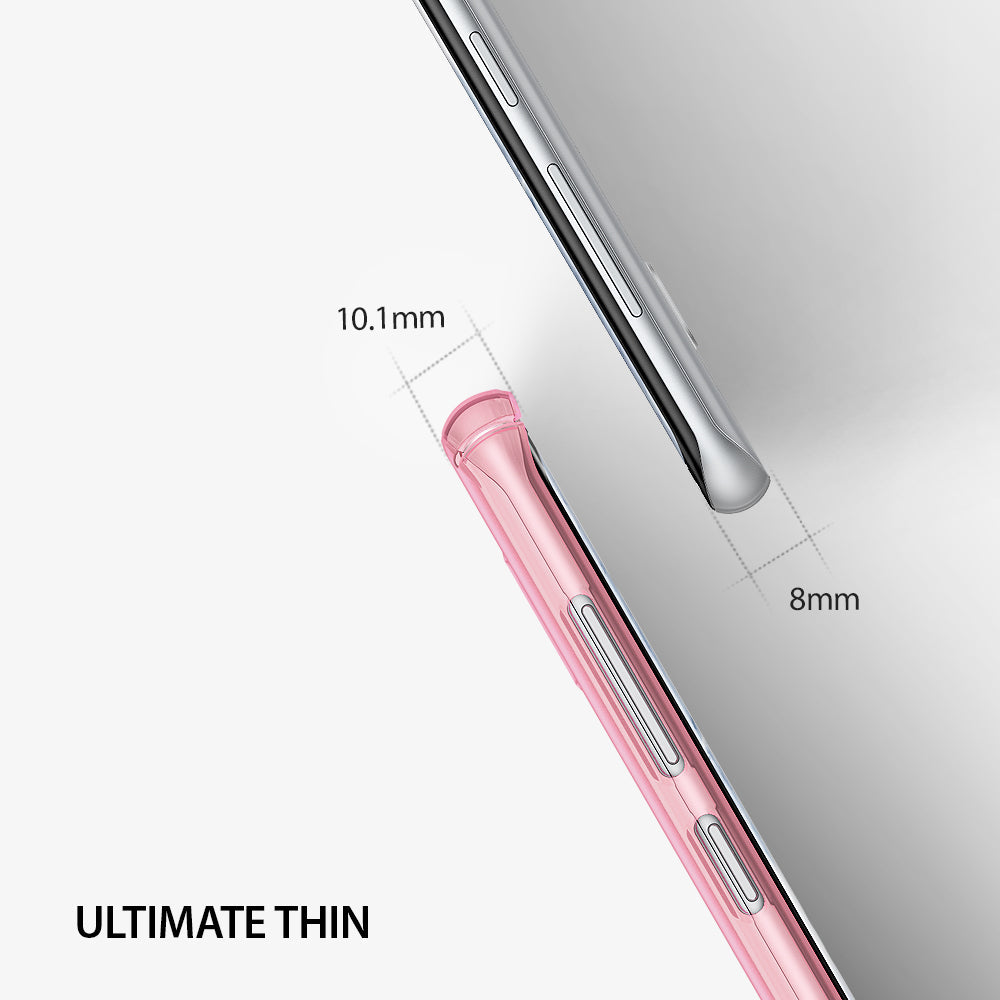 Galaxy S8 Plus Case | Slim - Pink slim phone case compared to a bare phone, showing 10.1mm and 8mm thickness measurements.