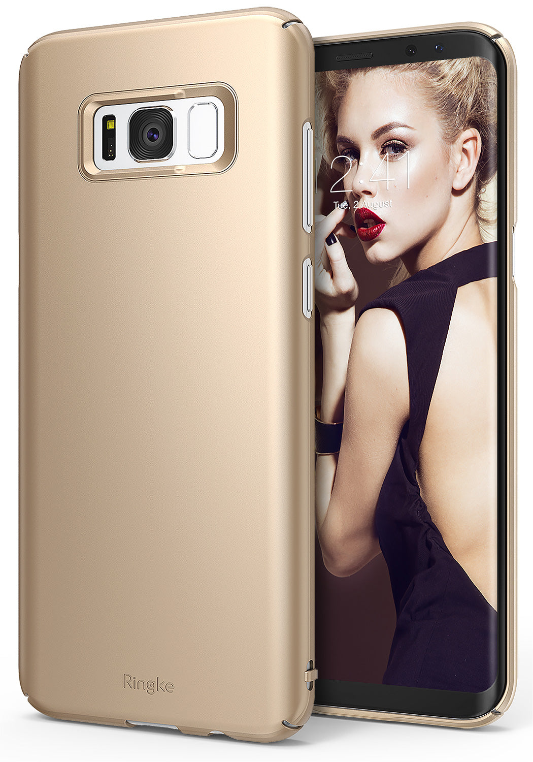 Galaxy S8 Plus Case | Slim - Royal gold slim phone case showing the back camera cutout and a woman on the screen.