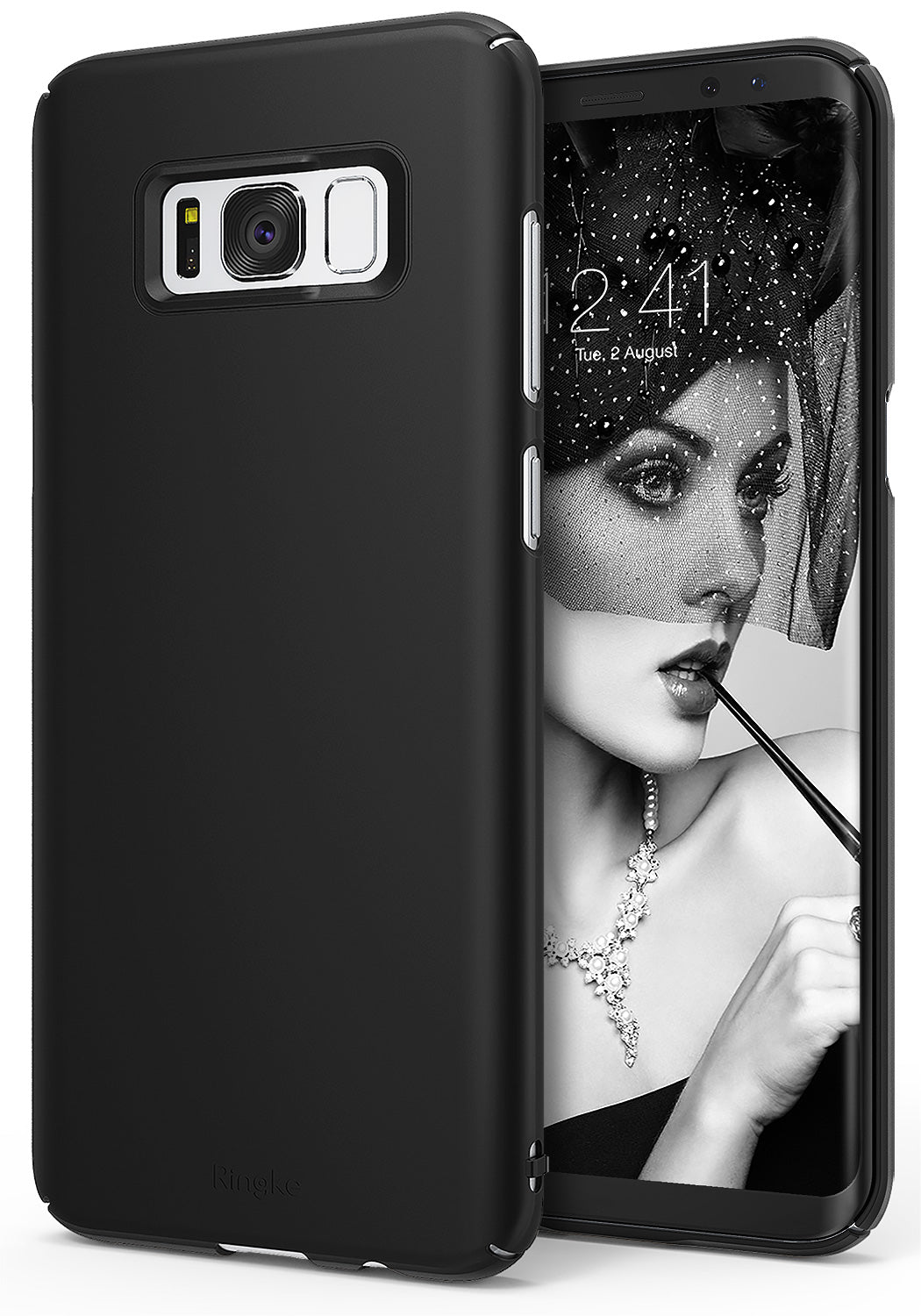 Galaxy S8 Plus Case | Slim - Matte black protective phone case shown from the back and front with a woman on the screen.