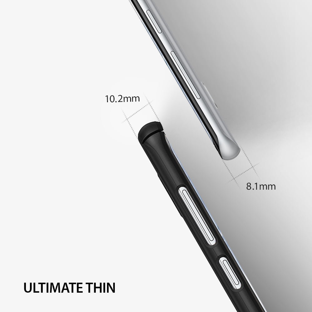 Galaxy S8 Plus Case | Slim - Comparison of phone thickness with and without a black slim case, labeled 10.2mm and 8.1mm.