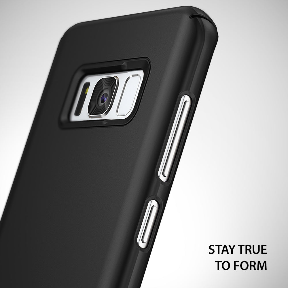 Galaxy S8 Case | Slim - Matte black phone case showing silver side buttons and camera cutout with text Stay True To Form.