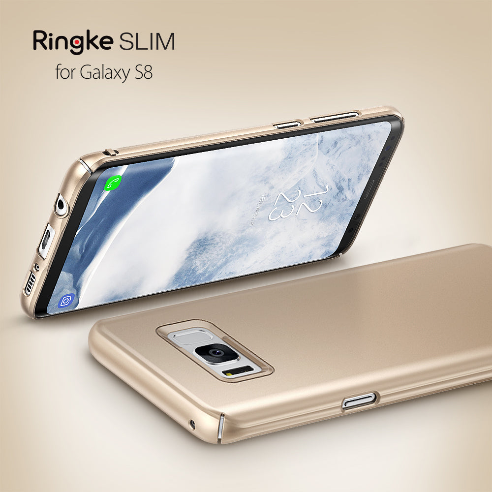 Galaxy S8 Case | Slim - Gold slim-fit phone case shown from front and back angles on a Galaxy S8 smartphone.