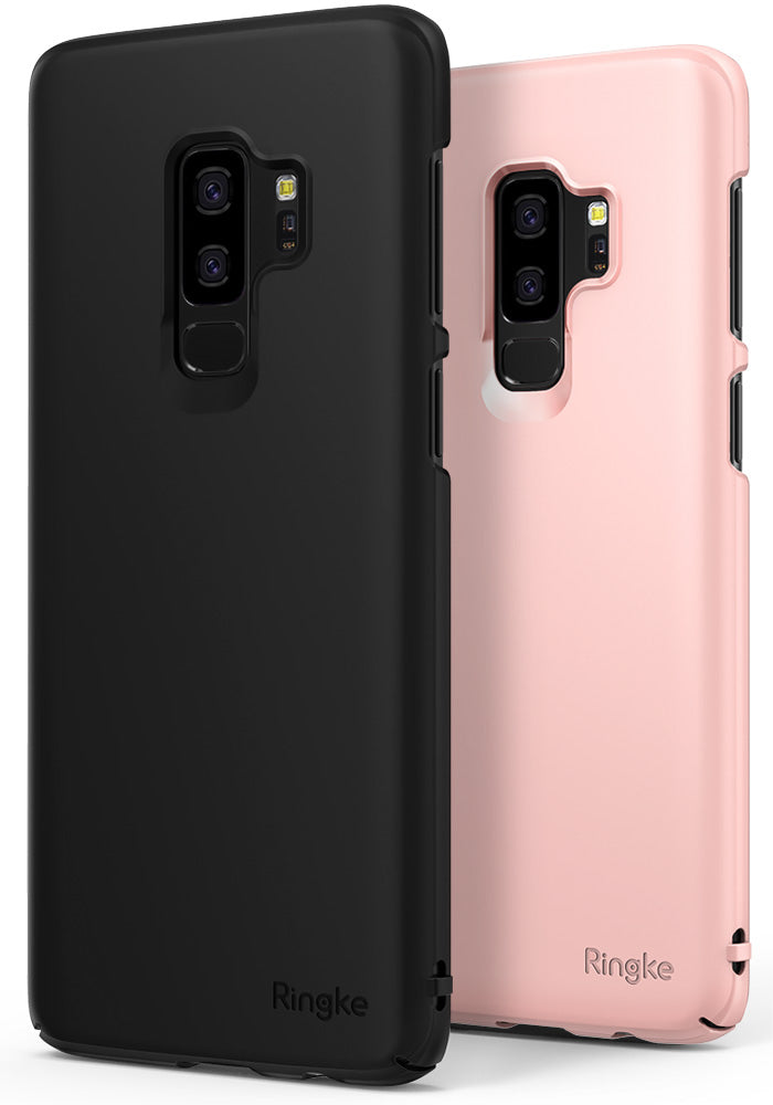 Galaxy S9 Plus Case | Slim - Two slim phone cases in matte black and soft pink, showing rear camera and logo details.