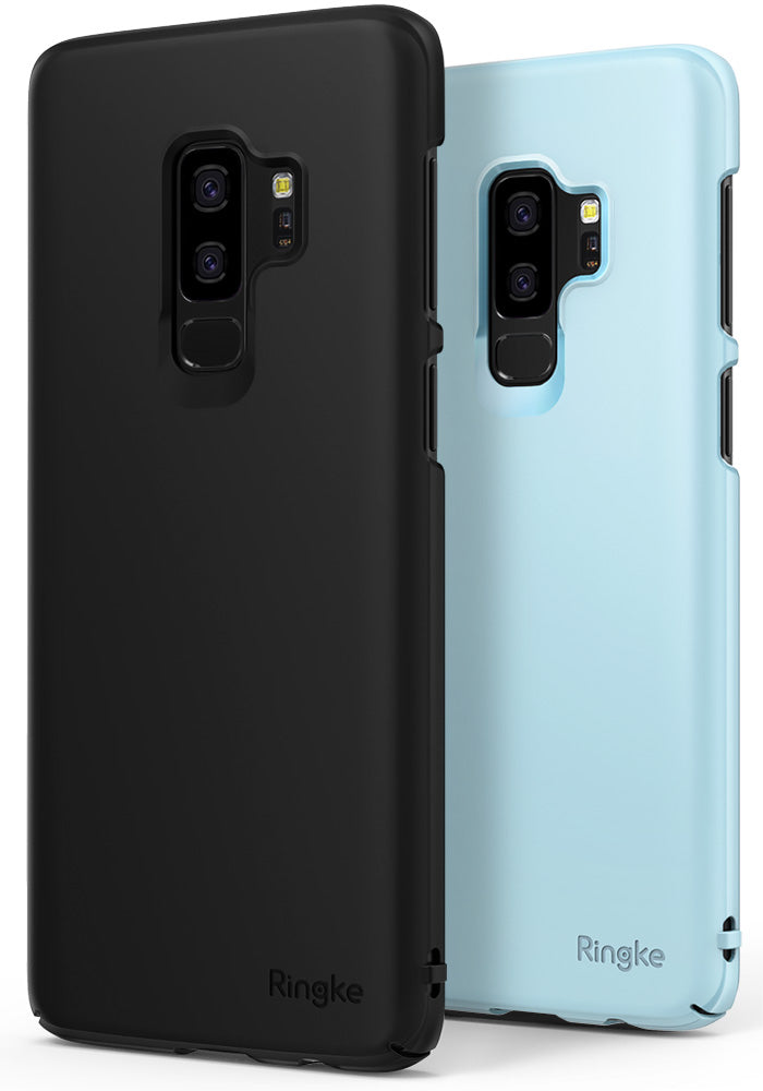 Galaxy S9 Plus Case | Slim - Matte black and sky blue slim phone cases for Galaxy S9 Plus with camera cutouts and branding.