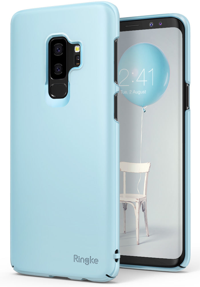 Galaxy S9 Plus Case | Slim - Sky blue slim protective case on a Galaxy S9 Plus phone showing the back and front screen.