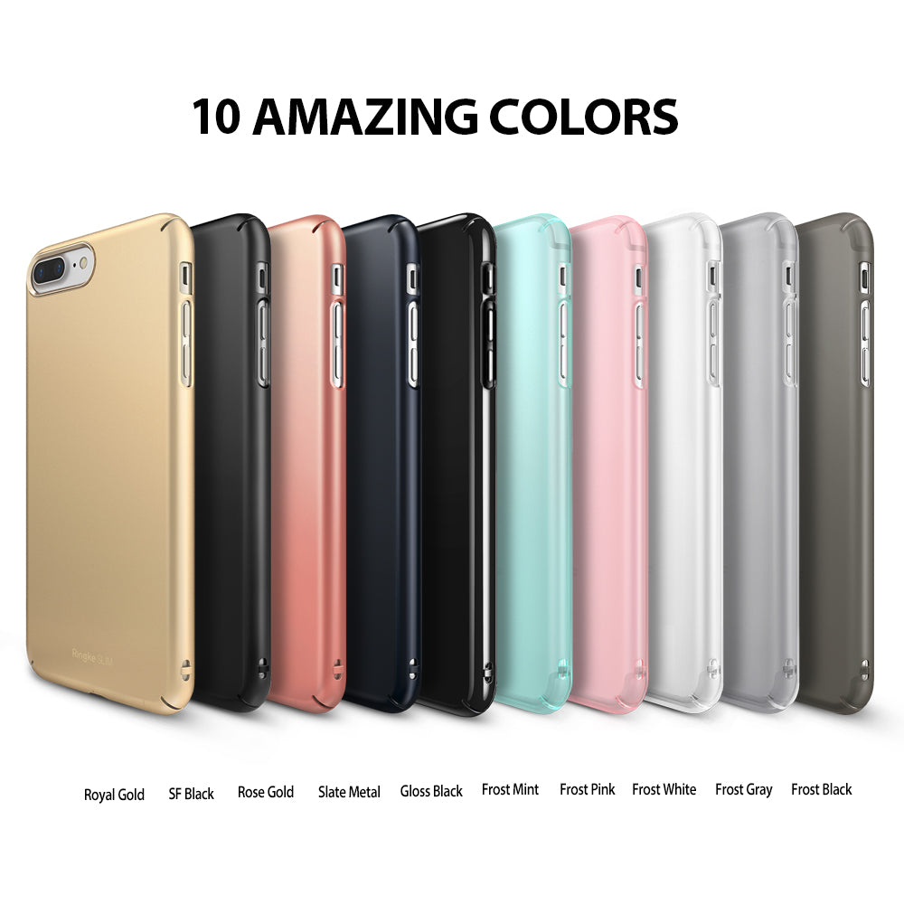 iPhone 8 Plus / 7 Plus Case | Slim - Ten slim phone cases in various colors lined up against a white background.