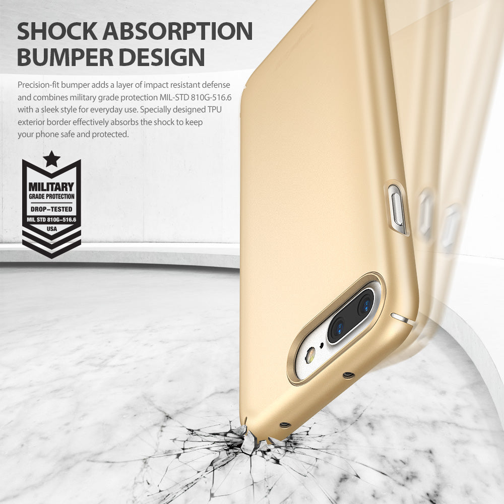 iPhone 8 Plus / 7 Plus Case | Slim - Gold phone case on a cracked marble surface with military-grade protection text.